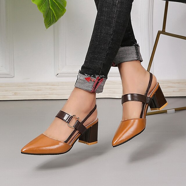 Women's Brown and Black Two-Tone Block Heel Slingback Pumps – Pointed Toe with Adjustable Strap, Ideal for Office Wear and Casual Outings 11
