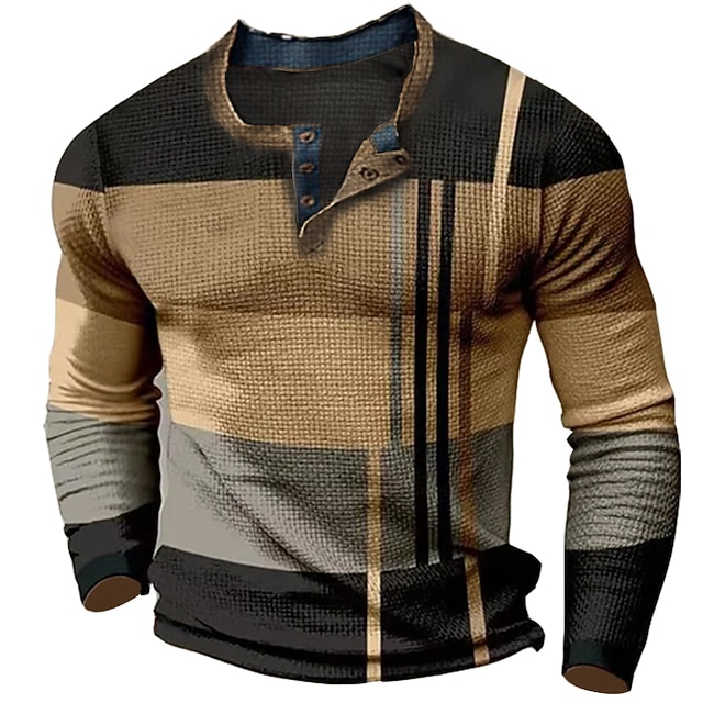 Men's Waffle Henley Shirt Tee Graphic Color Block Henley Clothing