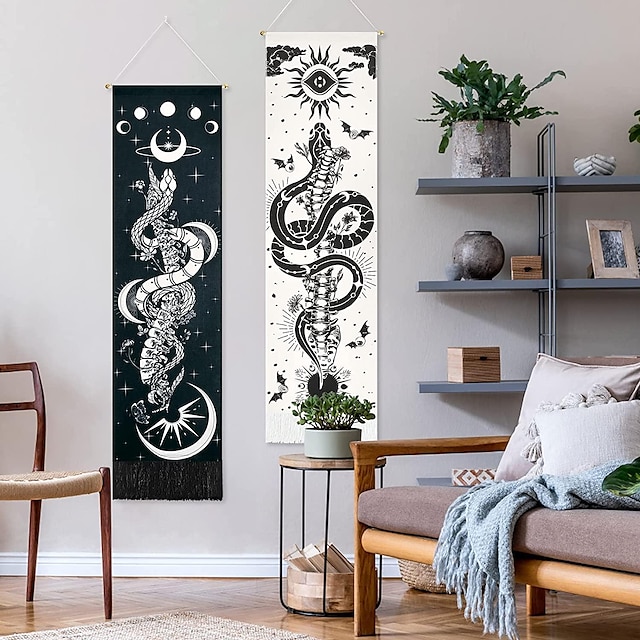  2 Pack 33x130cm Mandala Wall Tapestry Vertical Tapestry Snake Flower Moon Wall Hanging with Tassel Striped for Room