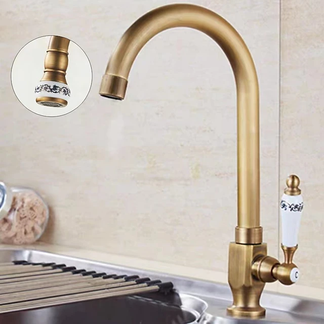 Kitchen Sink Faucet Retro Brass, 360 ° Swivel Single Handle Cold Taps One Hole Lever Ceramic Valve Tap Antique Vintage Bronze 9
