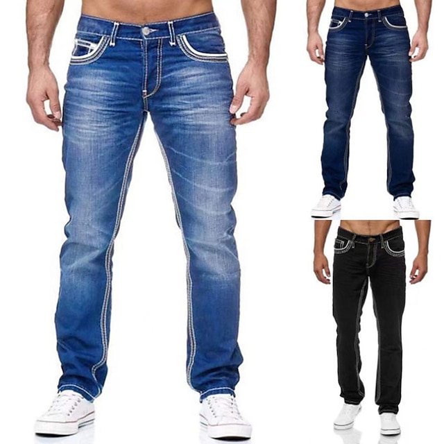  Homens Jeans Calças Calças jeans Bolsos Perna reta Cor Sólida Conforto Vestível Ao ar livre Diário Moda à moda Preto Azul Escuro