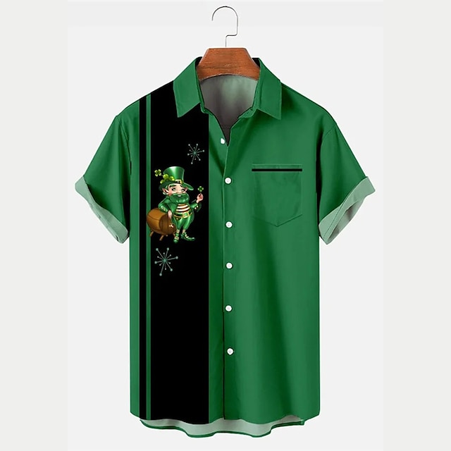  St.patrick's day חולצת גברים קיץ חולצה הוואית צבע בלוק הדפסים גרפיים st. יום פטריק סבבה ירוק חיצוני רחוב שרוולים קצרים ביגוד ביגוד ביגוד טרופי אופנה