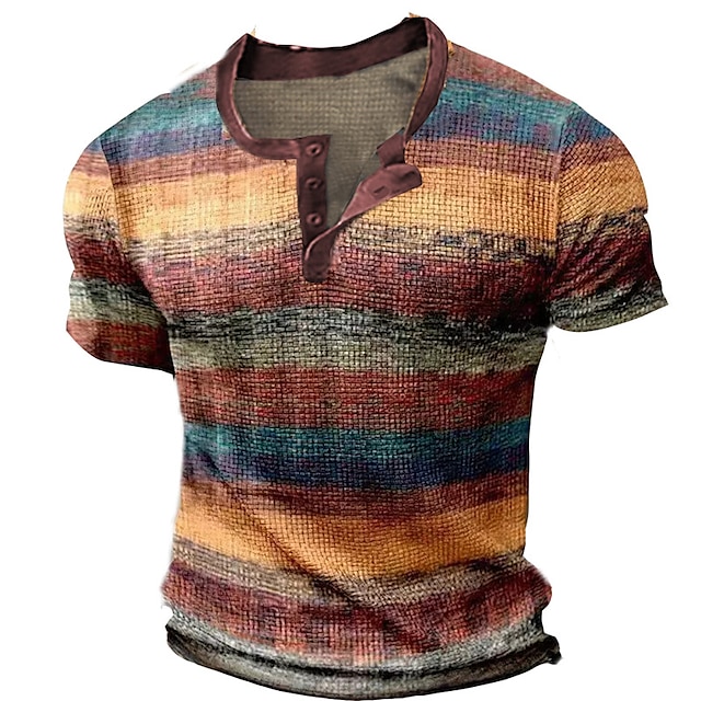  Herre Vaffel Henley-skjorte T-skjorter Grafisk Fargeblokk Henley Klær 3D-utskrift utendørs Avslappet Kortermet Knapp Mote Designer Stilfull Årgang