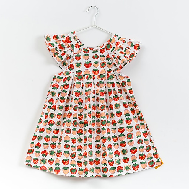  Strawberry printed cotton round-neck children's dress medium and large girls' skirt