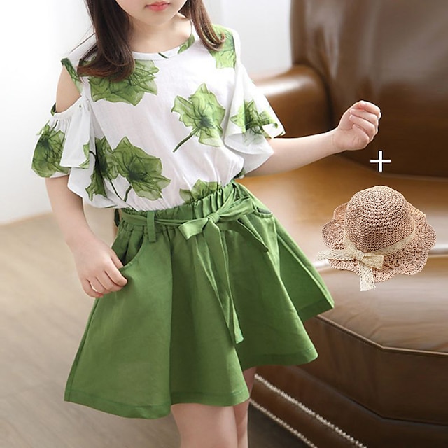  3 delar Barn Flickor Grafisk Kjolskjorta Uppsättning Kortärmad Mode Utomhus 7-13 år Sommar Rubinrött Blå Grön