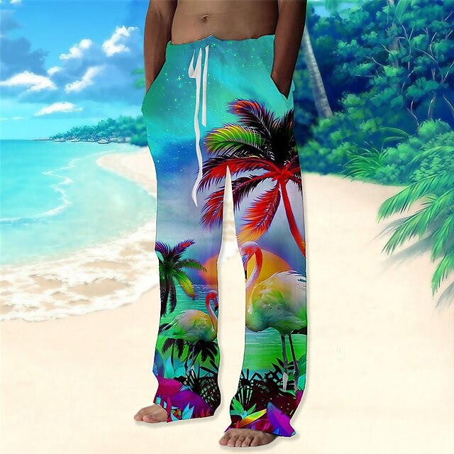 Men's Trousers Summer Pants Beach Pants Drawstring Elastic Waist Straight Leg Animal Coconut Tree Graphic Prints Comfort Casual Daily Holiday Streetwear Hawaiian Red Blue3