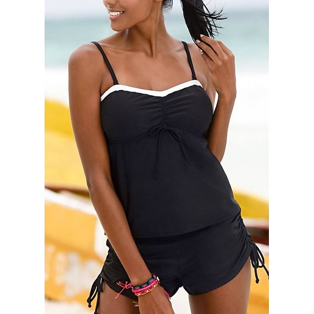  Women's Swimwear Tankini 2 Piece Normal Swimsuit Quick Dry 2 Piece Solid Color Black Tank Top Bathing Suits Sports Beach Wear Summer