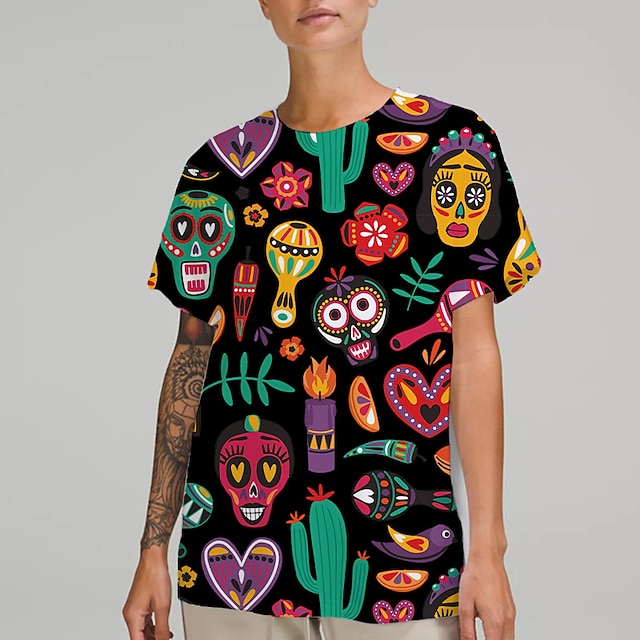  Cráneo del azúcar mexicano T-Shirt Estampado Gráfico Para Pareja Hombre Mujer Adulto Mascarada Impresión 3D Casual Diario