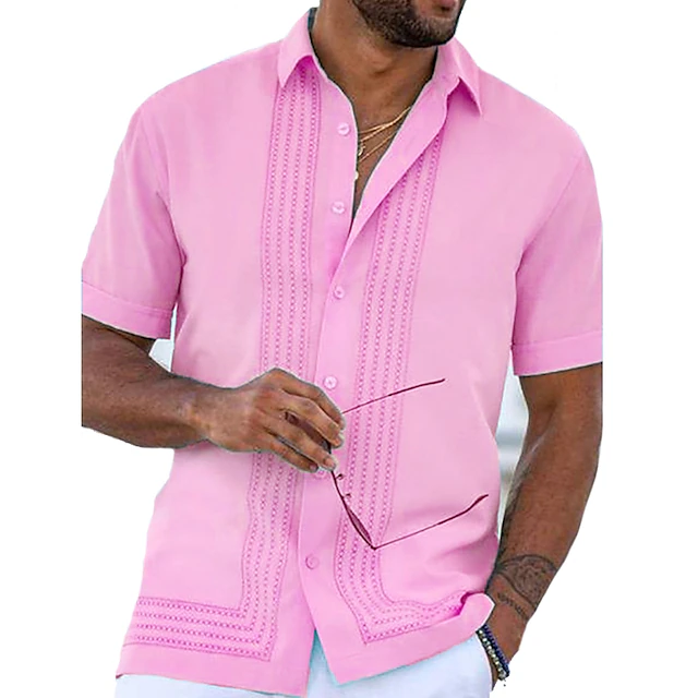 Men's Shirt Guayabera Shirt Button Up Shirt Summer Shirt White Pink ...