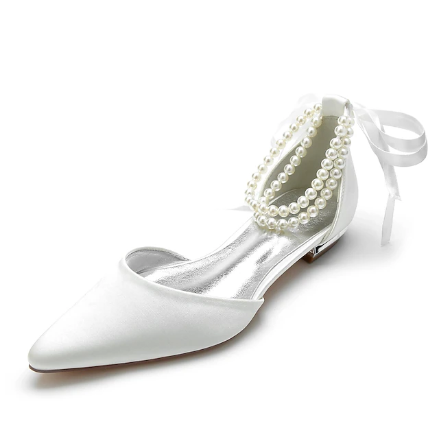 White Satin Flat Wedding Shoes with Pointed Toe, Pearl Chain Ankle Strap, and Ribbon Detail for Bridal Occasions 26