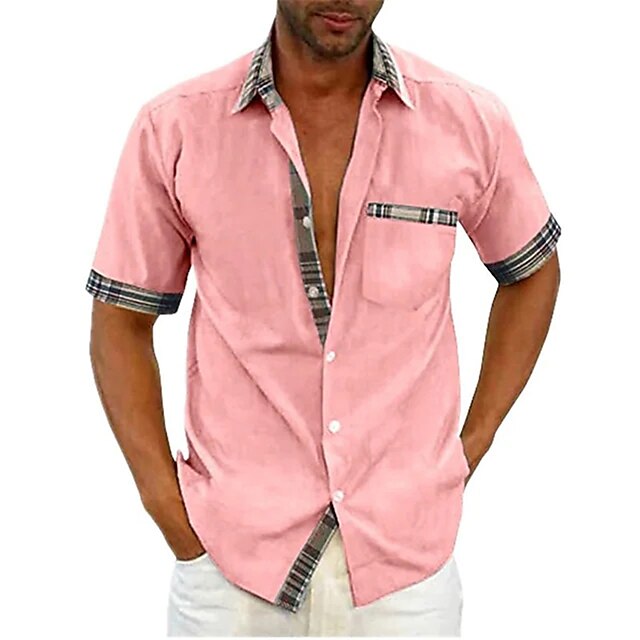  Men's Shirt Button Up Shirt Summer Shirt Color Block Plaid / Check Turndown Black White Pink Red Blue Street Casual Short Sleeve Button-Down Clothing Apparel Sports Fashion Classic Comfortable