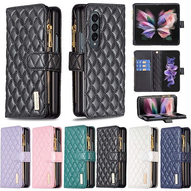  Phone Case For Samsung Galaxy Z Fold 5 Z Fold 4 Z Fold 3 Full Body Case Wallet Case Flip Zipper With Card Holder Solid Colored Geometric Pattern PC PU Leather