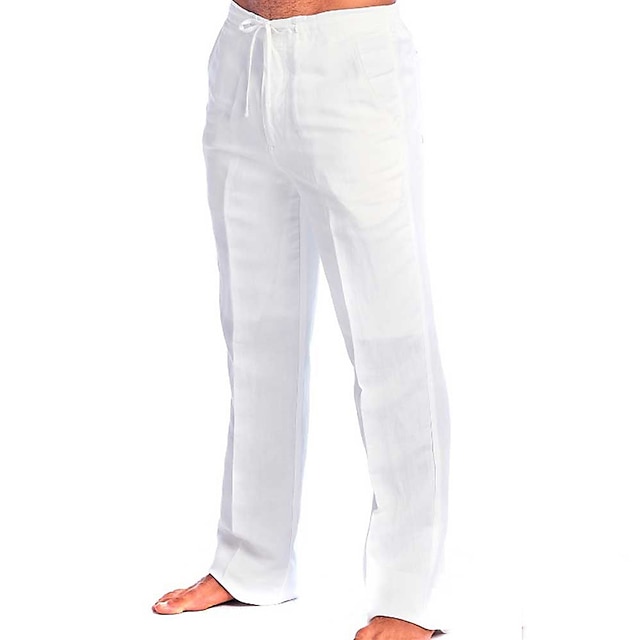  Men's Linen Pants Trousers Summer Pants Beach Pants Drawstring Elastic Waist Plain Comfort Breathable Outdoor Daily Streetwear Linen / Cotton Blend Stylish Casual White Navy Blue Micro-elastic