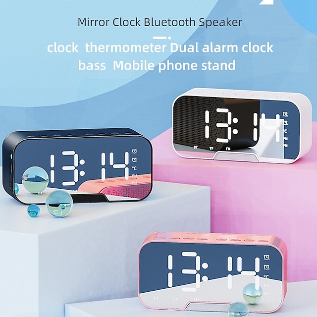  LED Dual Alarm Clock Wireless FM Radio Dimmer Phone Holder With Speaker Bluetooth 5.0 Mirror Clock Home Office Phone Supplies