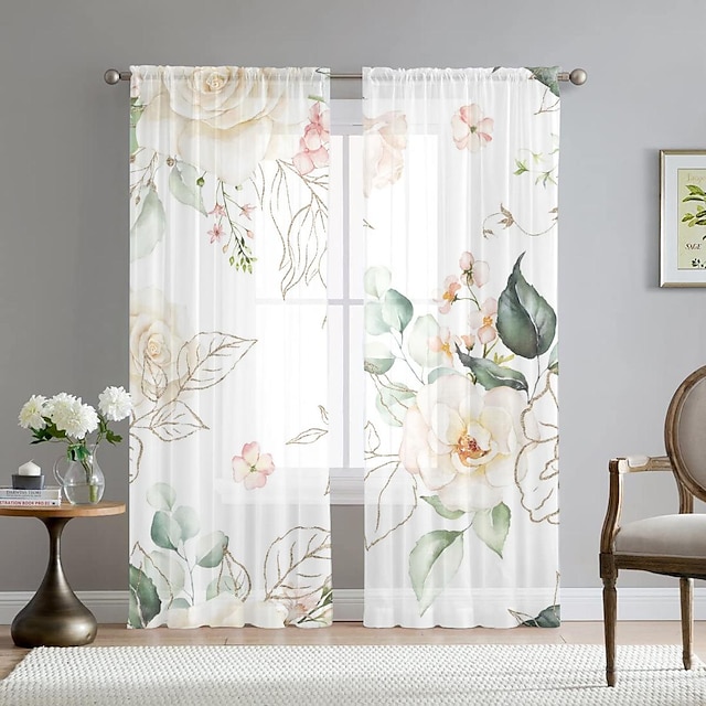  Floral Sheer Curtain Panels Grommet/Eyelet Curtain Drapes For Living Room Bedroom, Farmhouse Curtain for Kitchen Balcony Door Window Treatments Room Darkening