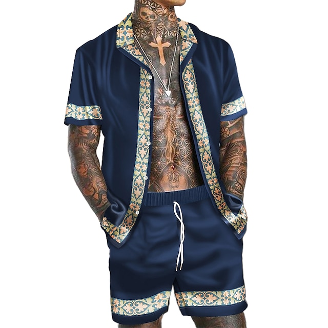  Men's Shirt Floral Print Short Sleeve Turndown Navy Blue Outdoor Casual Button-Down Tops Fashion Casual Hawaiian Comfortable Spring / Summer