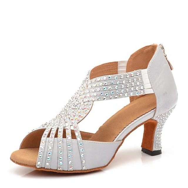 Women's Silver Rhinestone Latin Dance Sandals with Strappy Design, Soft Suede Sole and Mid Heels for Ballroom and Performance 6