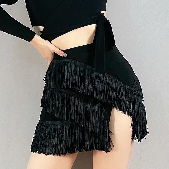  Latin Dance Skirts Tassel Ruching Pure Color Women's Performance Training High Polyester