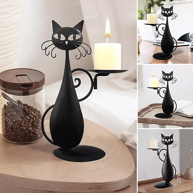 musta kissa kynttilänjalka pylväikynttilä led liekittömille kynttilöitä,  retro rustiikki maalaistalo kodin metallinen kissan sisustus kynttilänjalka  keskipisteeseen, ruokapöytä, tupaantuliaiset lahjat 9451463 2023 – hintaan  €