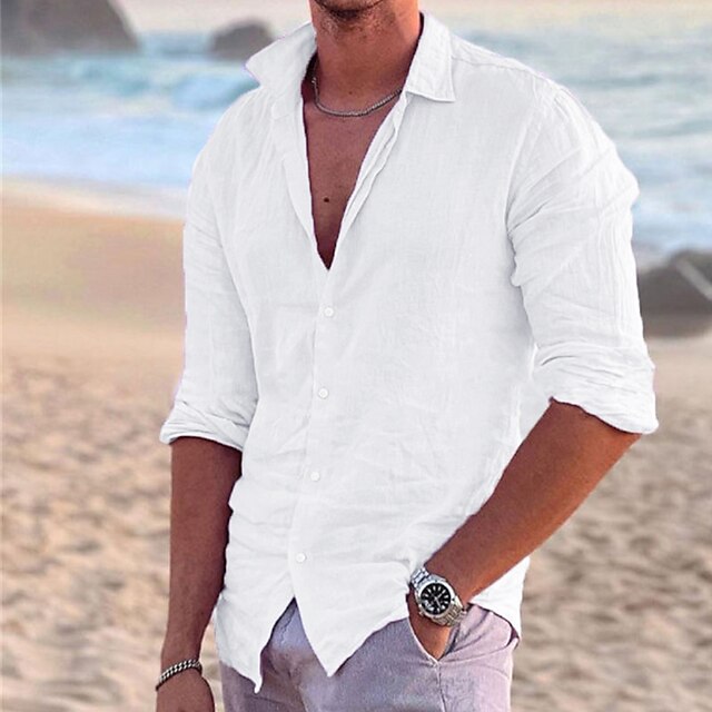 Men's Linen Shirt Shirt Summer Shirt Beach Shirt Black White Pink Long ...