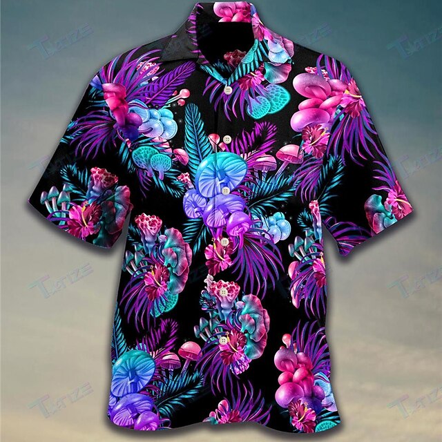 Men's Mushroom Leaves Tropical Plants Shirt Summer Hawaiian Shirt Aloha Shirt Short Sleeve Shirt Cuban Collar Tropical Fashion Streetwear Casual Hawaiian Holiday Purple S M L3
