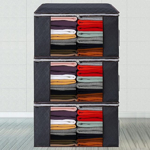  3 Pack, 90L Large Capacity Clothes Storage Bag Organizer with Reinforced Handle Thick Fabric for Comforters, Blankets, Bedding, Foldable with Sturdy Zipper, Clear Window
