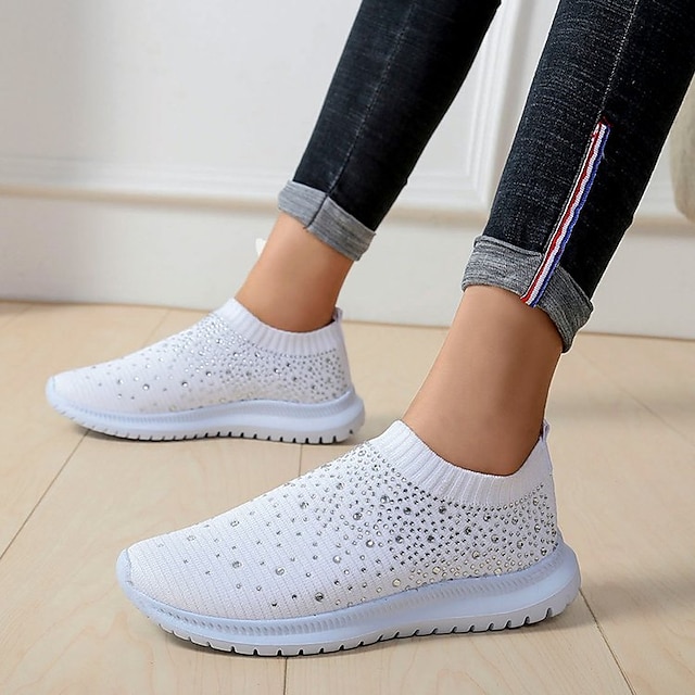  Women's Sneakers Slip-Ons Bling Bling Shoes Plus Size Flyknit Shoes Outdoor Daily Solid Color Rhinestone Flat Heel Round Toe Sporty Casual Running Glitter Loafer Almond Black White
