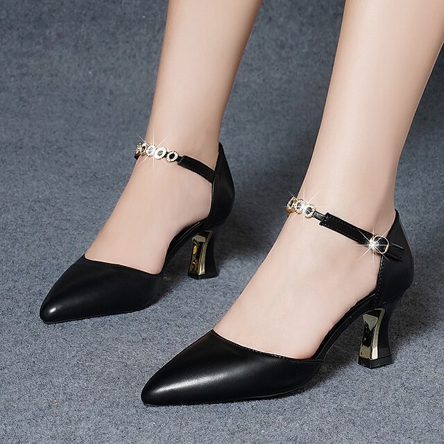  Women's Heels Comfort Shoes Chunky Heel Pointed Toe Minimalism PU Leather Ankle Strap Black Beige