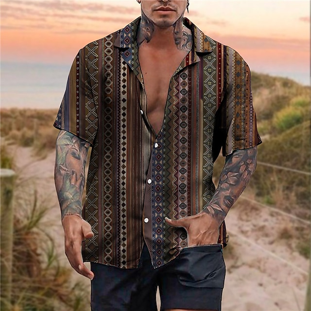  Pánské Etno Retro Geometrie Košile Boho košile Košile na knoflíky Krátký rukáv Tropický vzhled Sportovní Módní Ležérní Dovolená Plážové Léto Jaro Kubánský límec Tisk Tlačítko dolů Vodní modrá Hněd
