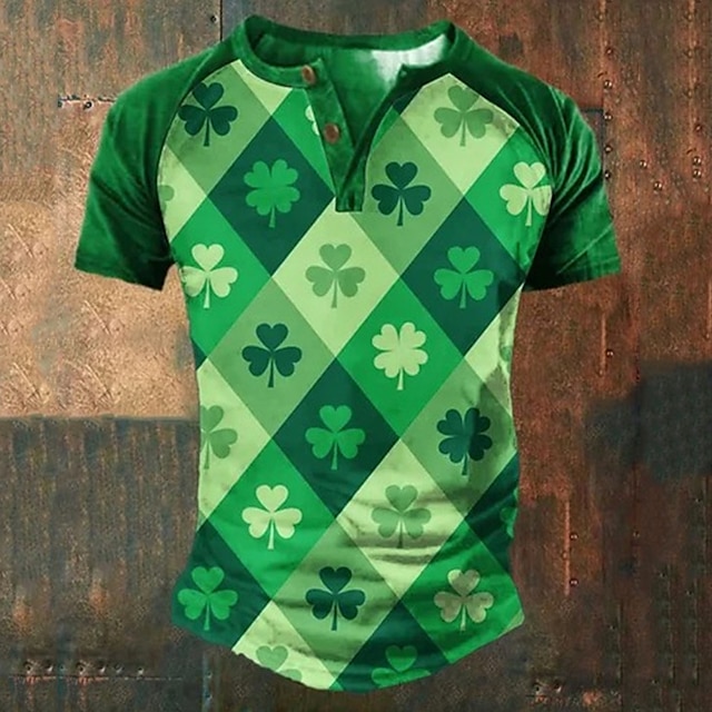  st.patrick's day clovers t-shirt herre 3d skjorte til st. Patricks dag | grøn bomuld | grafisk plaid farveblok modedesigner komfortabel herre 3d print henley tee daglig st.patrick's
