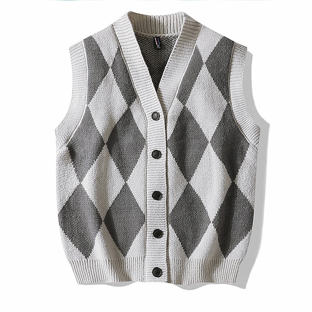  Herren Pullunder Strickjacke Gerippt Stricken Taste Strick Geometrisch V Ausschnitt Moderne zeitgenössische Freizeitskleidung Ausgehen Bekleidung Ärmellos Herbst Winter Schwarz Blau M L XL