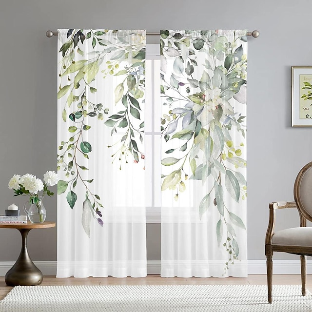  Painéis de cortina transparentes florais ilhós/cortinas de ilhós para sala de estar quarto, cortina de casa de fazenda para cozinha varanda porta tratamentos de janela escurecimento do quarto