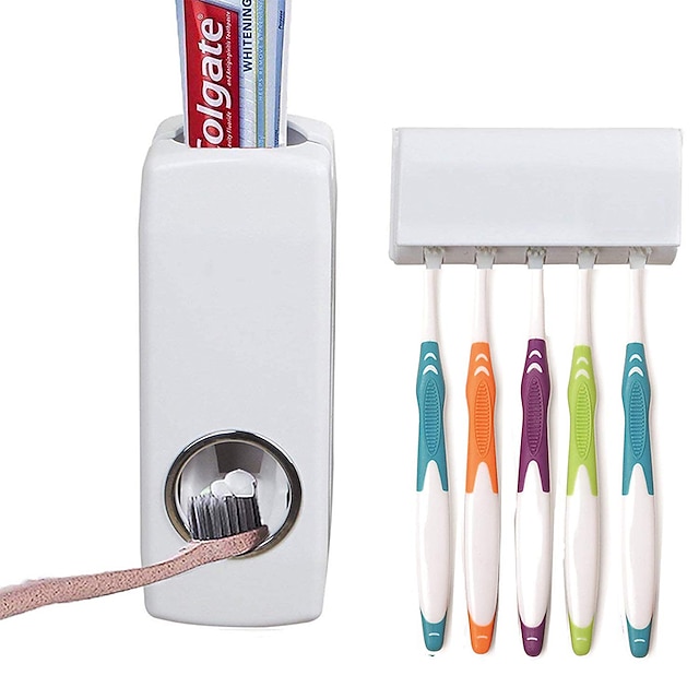  Sada dávkovače zubní pasty a držáku na zubní kartáčky nástěnná automatická vytlačovačka zubní pasty a držák organizéru na zubní kartáčky toaletní doplňky do koupelny (5 slotů na kartáčky)