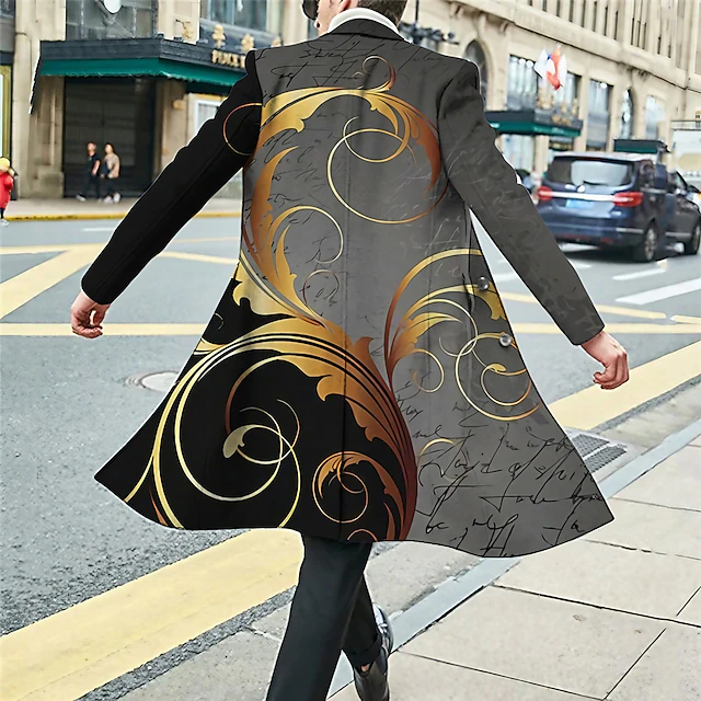 Men's Floral Graphic Prints Winter Coat Overcoat Coat Warm Comfortable Breathable Fashion Streetwear Business Work Wear to work Going out Pocket Print Fall & Winter Turndown Long Sleeve Red Gold Gray4