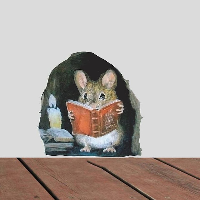  1pc 3D Effect Mouse Hole Sticker,Cartoon Mouse Reading Wall Sticker Kids Room Home Decoration Mural Living Room Bedroom Wallpaper Removable Funny Rats Stickers