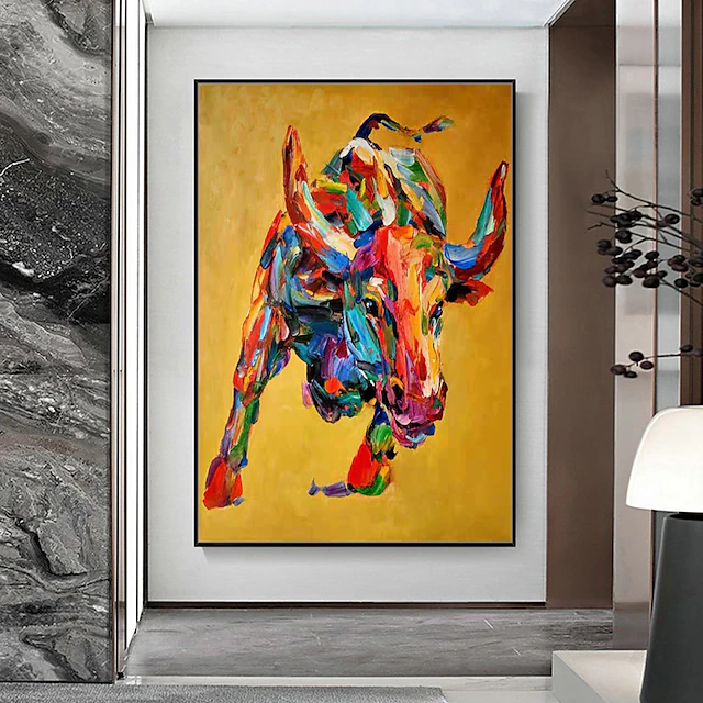 Mintura Handmade Bull Oil Paintings On Canvas Wall Art Decoration Modern Abstract Animal Picture For Home Decor Rolled Frameless Unstretched Painting 10