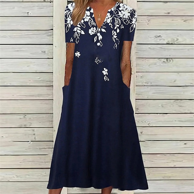  Női Midi Ruha Kényelmes Ruha Tengerészkék Félujjú Virágos Zsebes Nyár Tavasz Ősz V Nyak Vakáció Mindennapi Vakáció 2023 S M L XL XXL 3XL