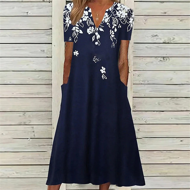 Women's Midi Dress Casual Dress Navy Blue Half Sleeve Floral Pocket Summer Spring Fall V Neck Vacation Daily Vacation 2023 S M L XL XXL 3XL 8