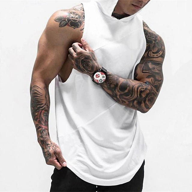 Men's Tank Top Vest Top Undershirt Sleeveless Hoodie Sleeveless Hooded Summer Patchwork Stylish Casual Muscle Vacation Athleisure Going out Black White Red Top Tee for Men 12