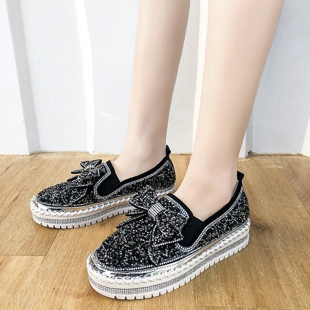 Dames Instappers Grote maten Platform loafers Buiten Dagelijks Strass Strik  Platte hak Lage hak Ronde Teen Casual Klassiek minimalisme Wandelen  Imitatieleer Leegloper Effen Kleur Zilver Zwart 9450329 2023 – $32.99