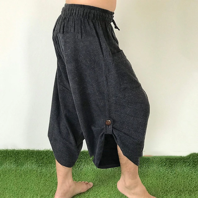 Men's Linen Pants Trousers Summer Pants Beach Pants Drawstring Elastic Waist Drop Crotch Plain Comfort Breathable Outdoor Daily Streetwear Linen / Cotton Blend Stylish Casual Black Blue Micro-elastic 6
