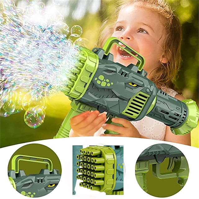  32-Hole Bubble Gun Dinosaur Bubble Maker Machine with Light Funny Electric Automatic Bubble Maker Outdoor Party Toy Kids Gift