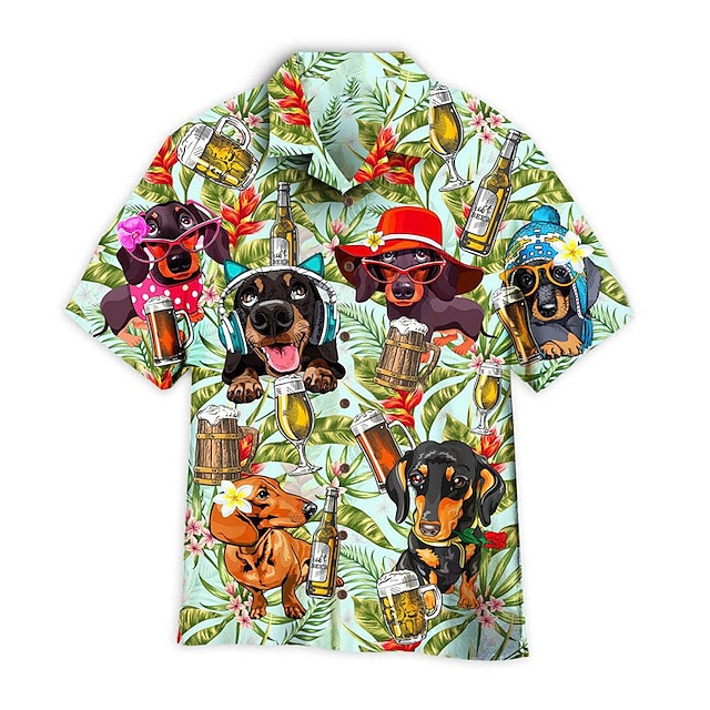  Voor heren Overhemd Hawaiiaans overhemd Bloemig dier Hond Grafische prints Bier Strijkijzer Groen Casual Hawaii Korte mouw Afdrukken Button-omlaag Kleding Tropisch Modieus Hawaii Zacht