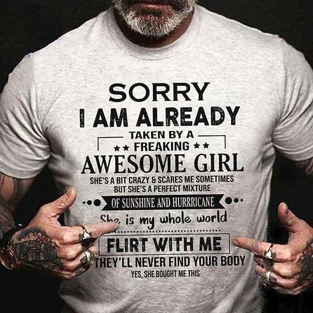  Herren Grafik Buchstabe Tut mir leid, dass ich bereits von einem verdammt tollen, perfekten Mädchen verführt wurde T Shirt T-Shirt 100% Baumwolle Kurzarm Grafik Hemd Wein Schwarz Weiß Bequemes T-Shirt