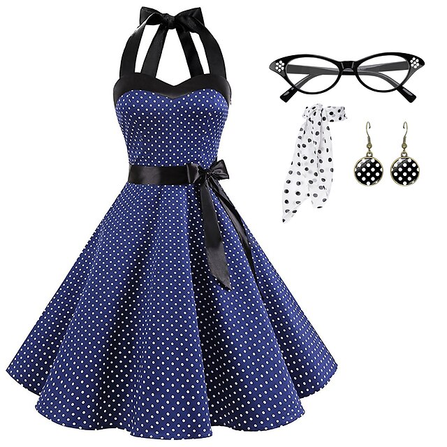 50s Outfit Halter Flare Dress 4 Pcs 1950s Audrey Hepburn Accessories Set Retro Vintage Swing 3183