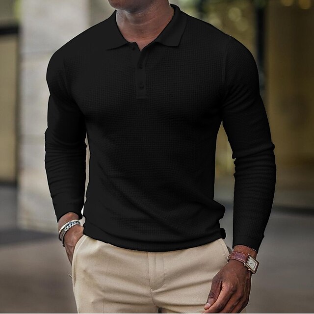 Men's Waffle Polo Shirt Golf Shirt Casual Daily Polo Collar Classic Long Sleeve Fashion main image 0