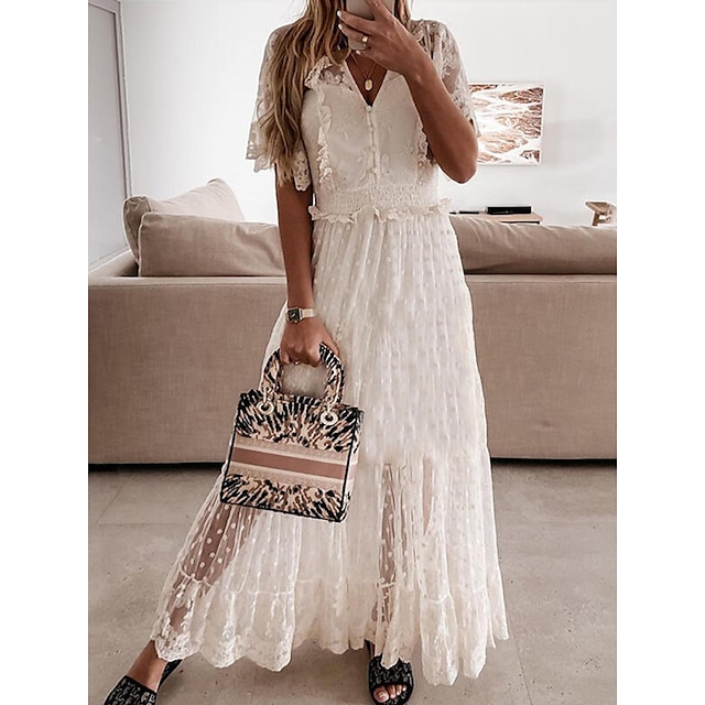  Women's Casual Dress White Dress A Line Dress Long Dress Maxi Dress Basic Casual Polka Dot Lace Ruched Outdoor Daily Holiday V Neck Short Sleeve Dress Loose Fit White Spring Summer S M L XL XXL