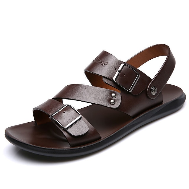  pánské pu kožené sandály ploché sandály outdoor klasické ležérní pantofle prodyšné sandály s dvojitou přezkou černohnědé letní