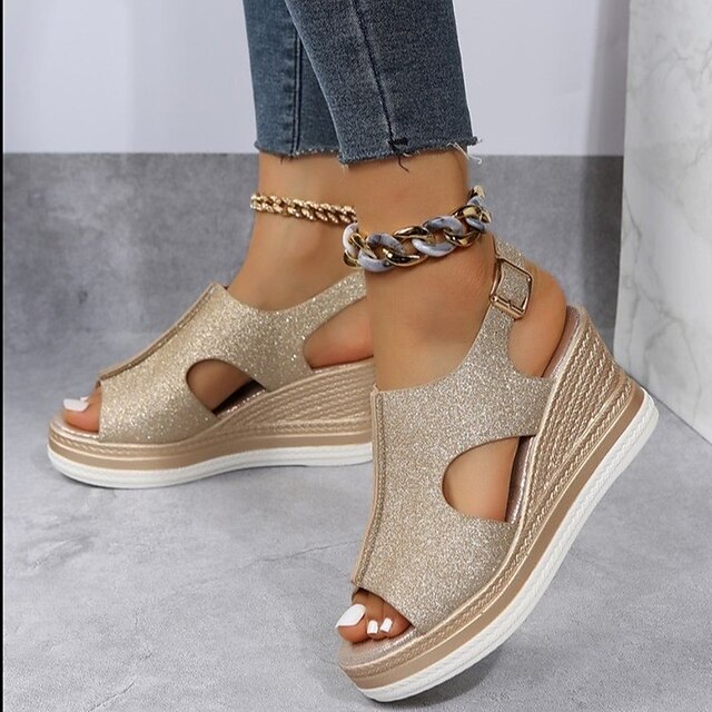 Glittering Gold Women's Wedge Sandals - Stylish Cut-Out Design with ...