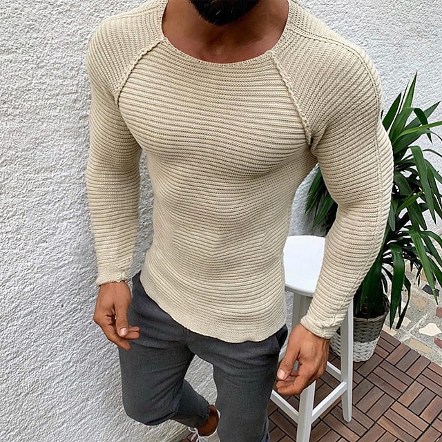 Men's Sweater Pullover Sweater Jumper Ribbed Knit Cropped Knitted Crewneck Going out Casual Daily Clothing Apparel Spring &  Fall Black Beige S M L
